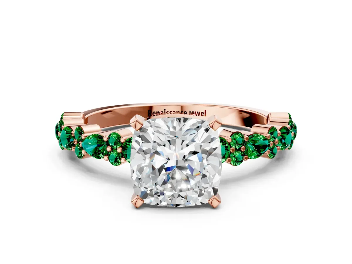Cushion Cut Diamond Side Stone Solitaire Ring with Round Emerald and Four-Prong Setting Rose gold