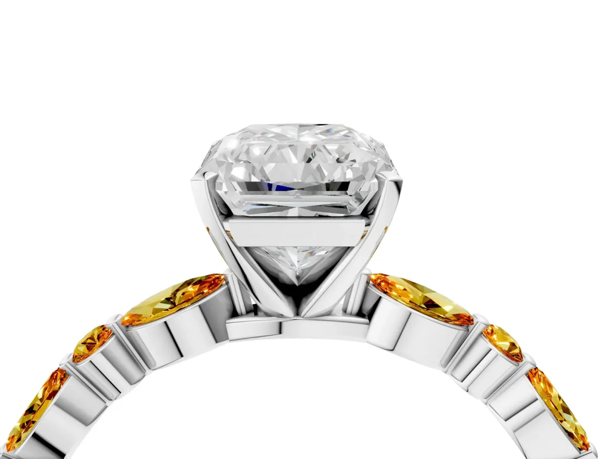 Radiant Cut Diamond Ring with Marquise and Round Citrine Side Stones and Four-Prong Setting Silver