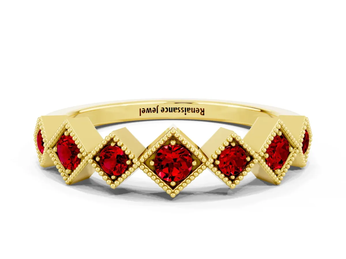 Milgrain Square Bezel Round Ruby Chevron Band Yellow gold