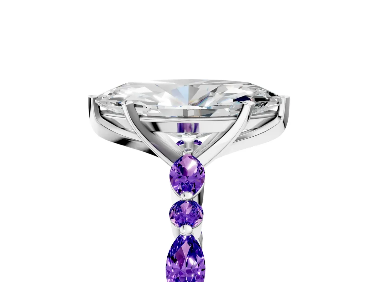 Marquise Cut Diamond Ring with Marquise and Round Tanzanite Side Stones and Four-Prong Setting Platinum