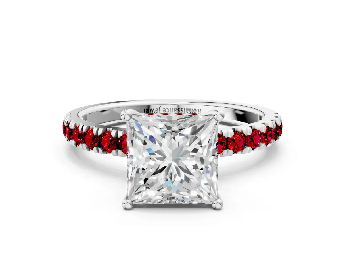 Princess Cut Diamond Pave Band Solitaire Ring with Round Ruby and Prong Setting White gold