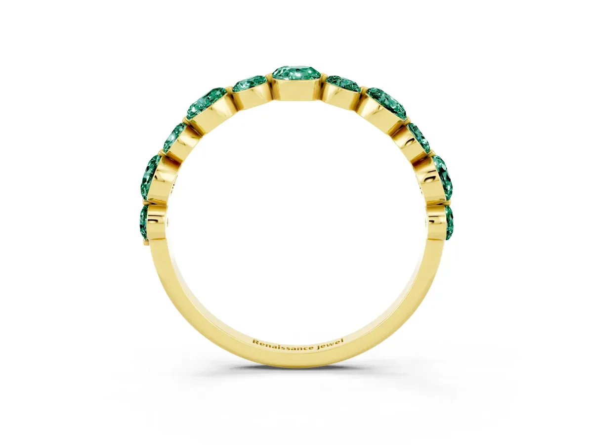 Round Green Sapphire Scalloped Prong Set Eternity Band Yellow gold