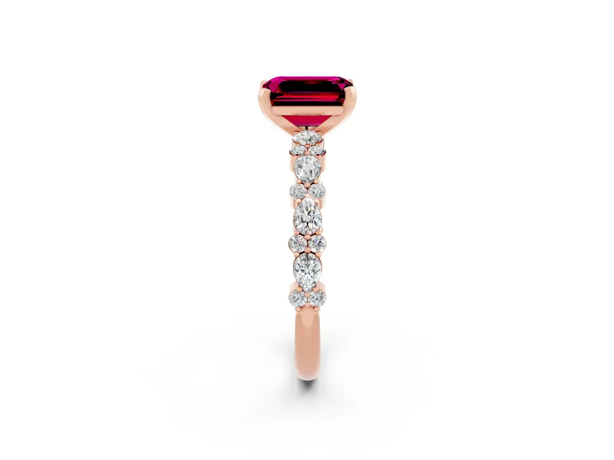 Emerald Cut Garnet Side Stone Solitaire Ring with Round and Four-Prong Setting Rose gold