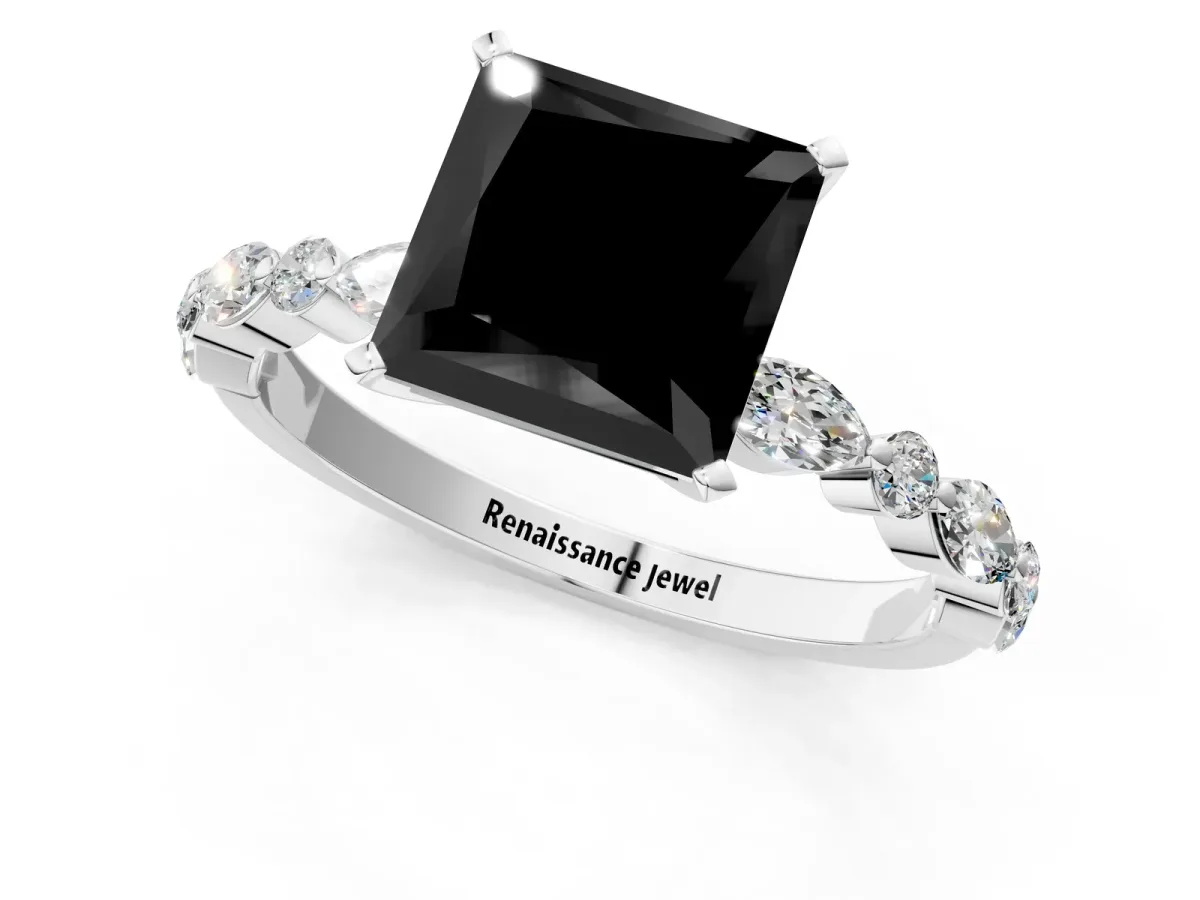 Fancy Black Princess Cut Diamond Ring with Marquise and Round Side Stones and Four-Prong Setting Silver