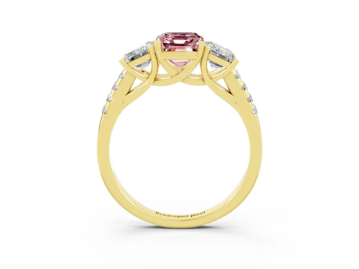Three-Stone Emerald Cut Morganite Ring with Round Pavé Band and Prong Setting Yellow gold