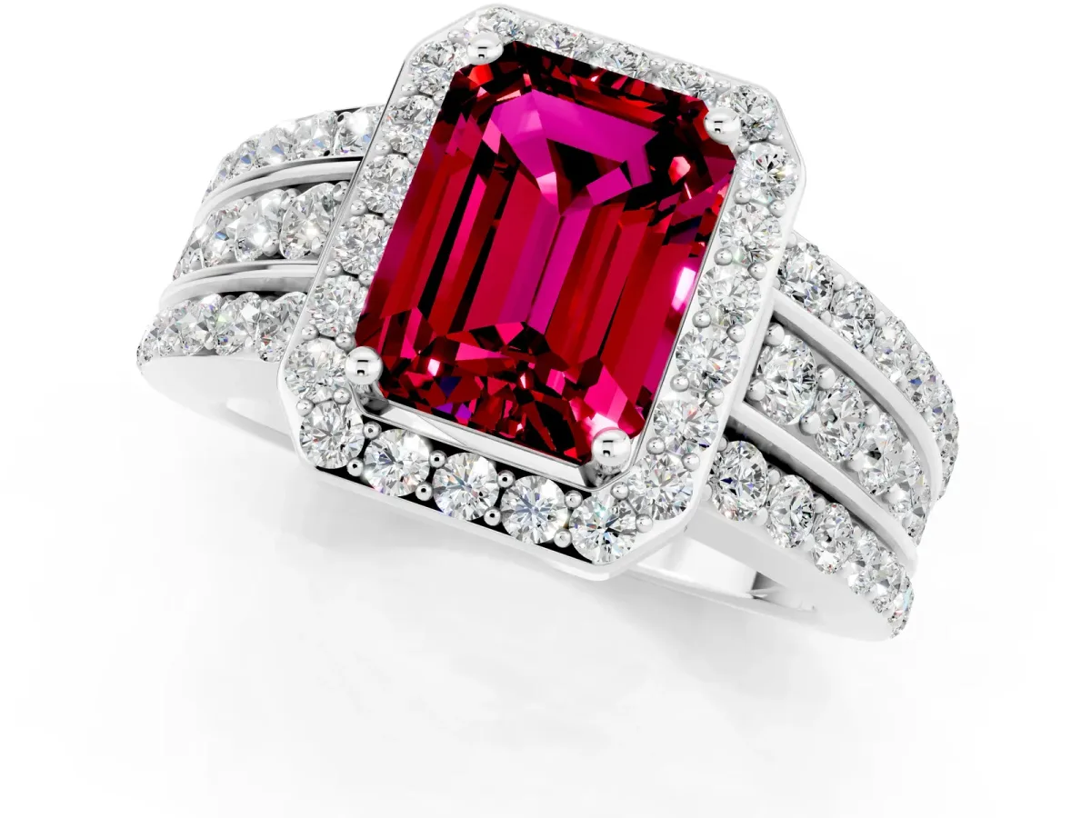 Emerald Cut Halo Garnet Ring with Round Split Shank and Prong Setting Silver