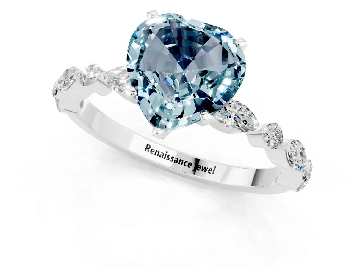Heart Cut Aquamarine Ring with Marquise and Round Side Stones and Four-Prong Setting Platinum