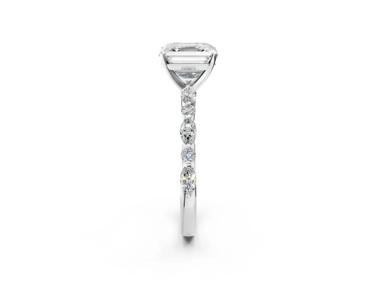 Asscher Cut Diamond Ring with Marquise and Round Side Stones and Four-Prong Setting Platinum