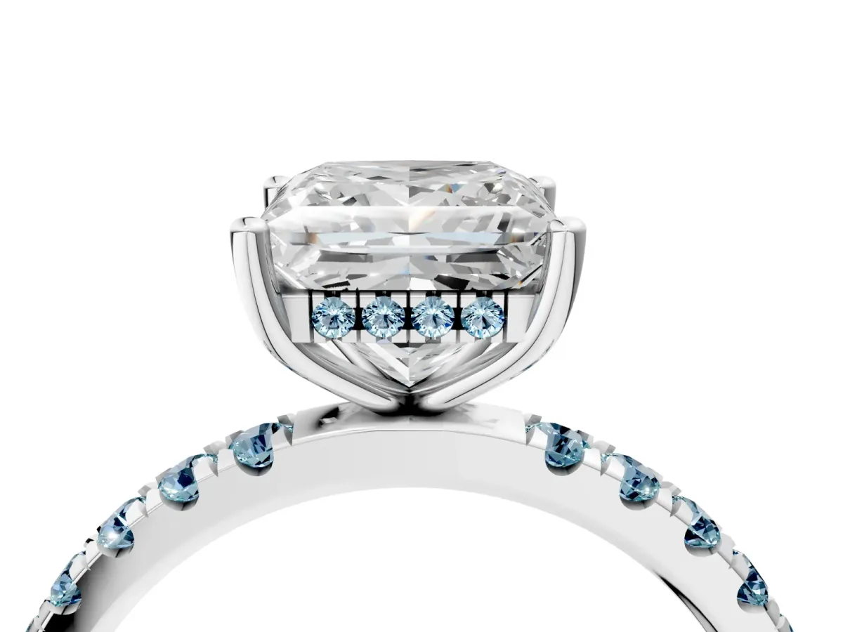 Princess Cut Diamond Pave Band Solitaire Ring with Round Aquamarine and Prong Setting Silver