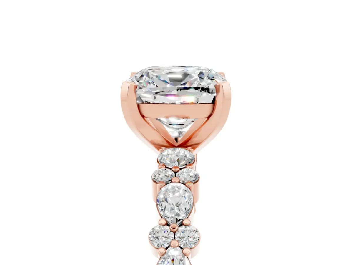 Cushion Cut Moissanite Side Stone Solitaire Ring with Round and Four-Prong Setting Rose gold