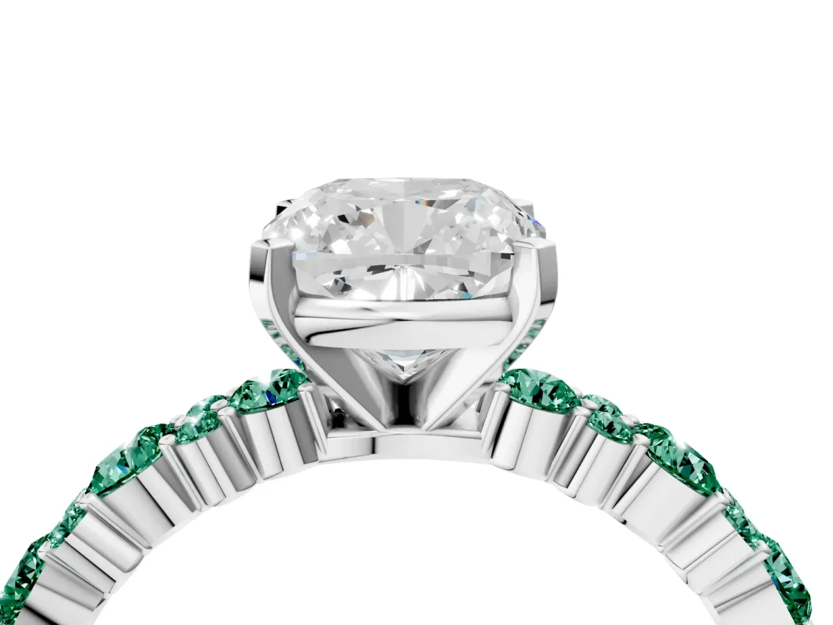 Cushion Cut Diamond Side Stone Solitaire Ring with Round Green Sapphire and Four-Prong Setting Platinum