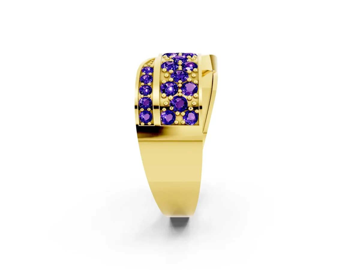Pavé Round Tanzanite Crossover Band with Bead Prong Setting Yellow gold