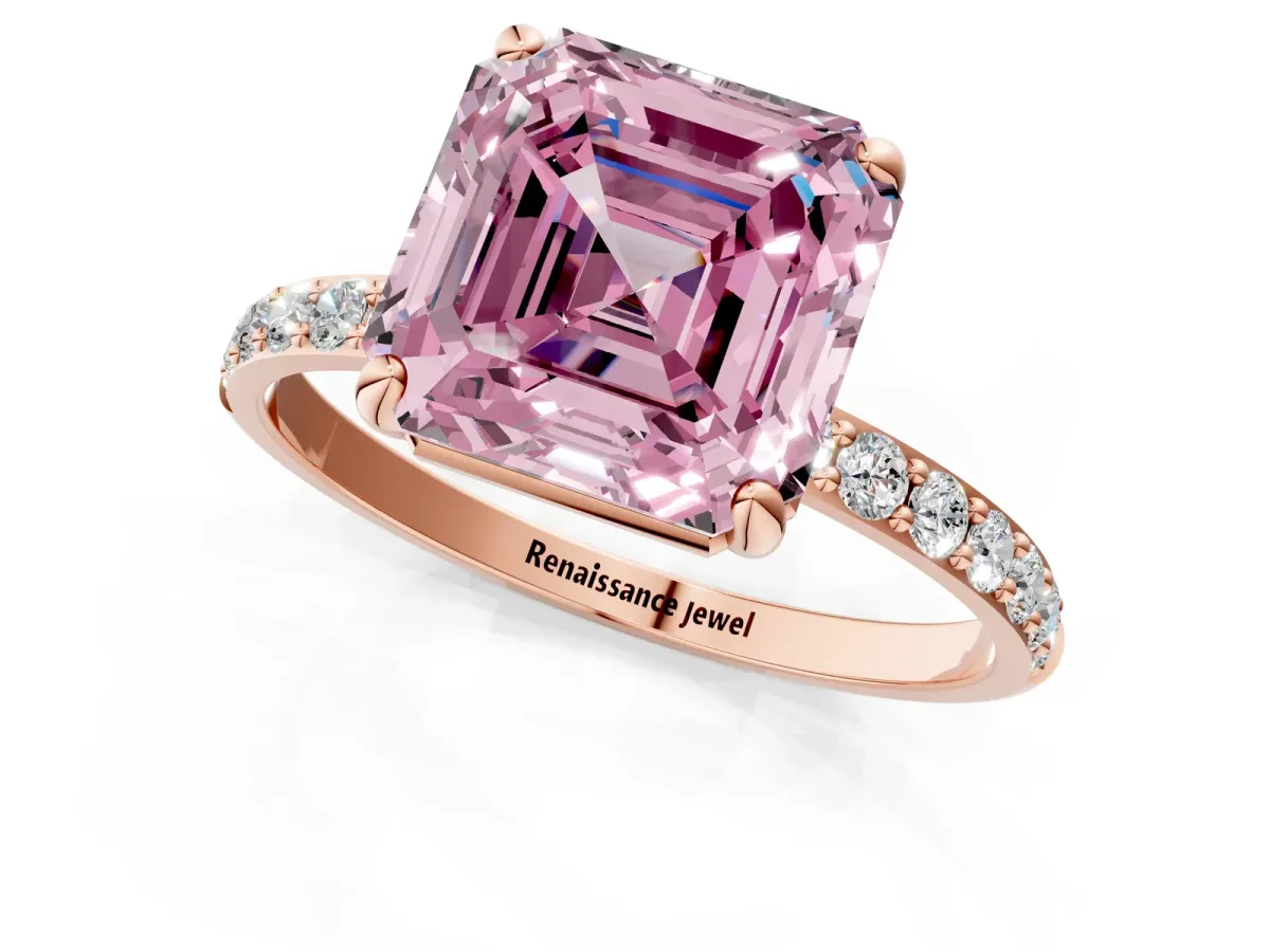 Fancy Pink Asscher Cut Diamond Solitaire Ring with Round Pavé Band and Prong Setting Rose gold