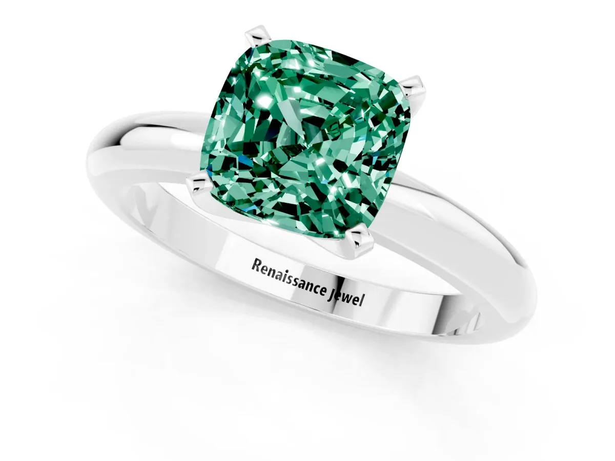 Cushion Cut Green Sapphire Solitaire Engagement Ring with Round Band and Four-Prong Setting Silver