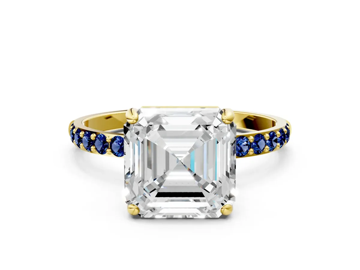 Asscher Cut Diamond Solitaire Ring with Round Blue Sapphire Pavé Band and Prong Setting Yellow gold