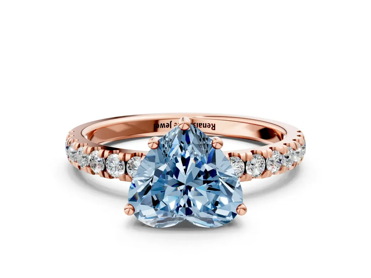 Fancy Blue Heart Cut Diamond Pave Band Solitaire Ring with Round and Prong Setting Rose gold