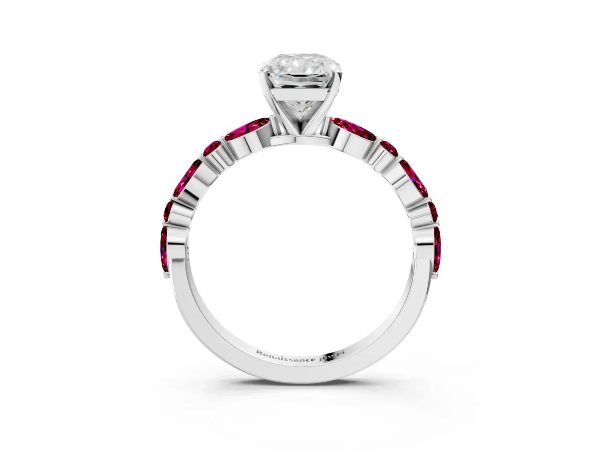 Radiant Cut Diamond Ring with Marquise and Round Garnet Side Stones and Four-Prong Setting Silver