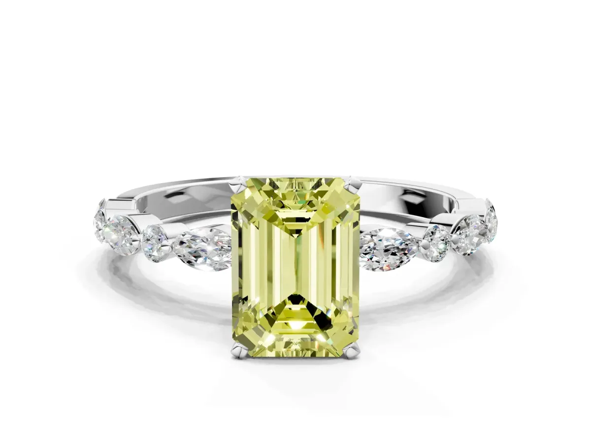 Fancy Yellow Emerald Cut Diamond Ring with Marquise and Round Side Stones and Four-Prong Setting Silver