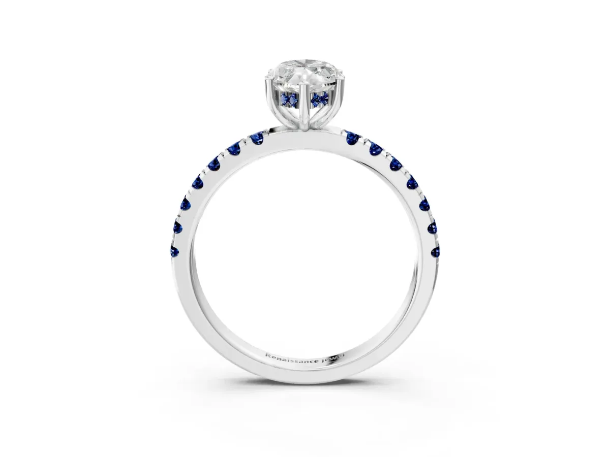 Marquise Cut Diamond Pave Band Solitaire Ring with Round Blue Sapphire and Prong Setting White gold