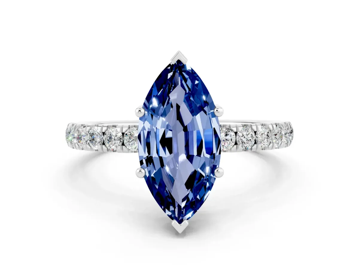 Marquise Cut Blue Sapphire Pave Band Solitaire Ring with Round and Prong Setting Platinum