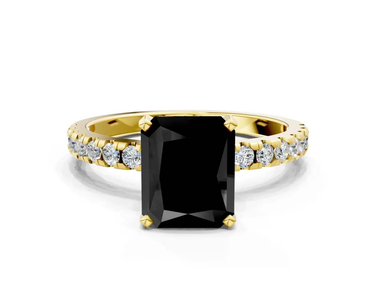 Fancy Black Radiant Cut Diamond Solitaire Ring with Round Pavé Band and Four-Prong Setting Yellow gold