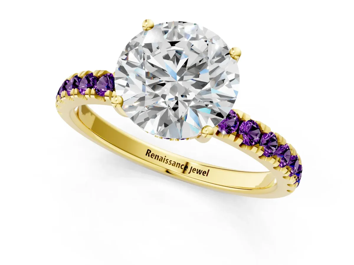 Round Cut Diamond Pave Band Solitaire Ring with Round Amethyst and Prong Setting Yellow gold