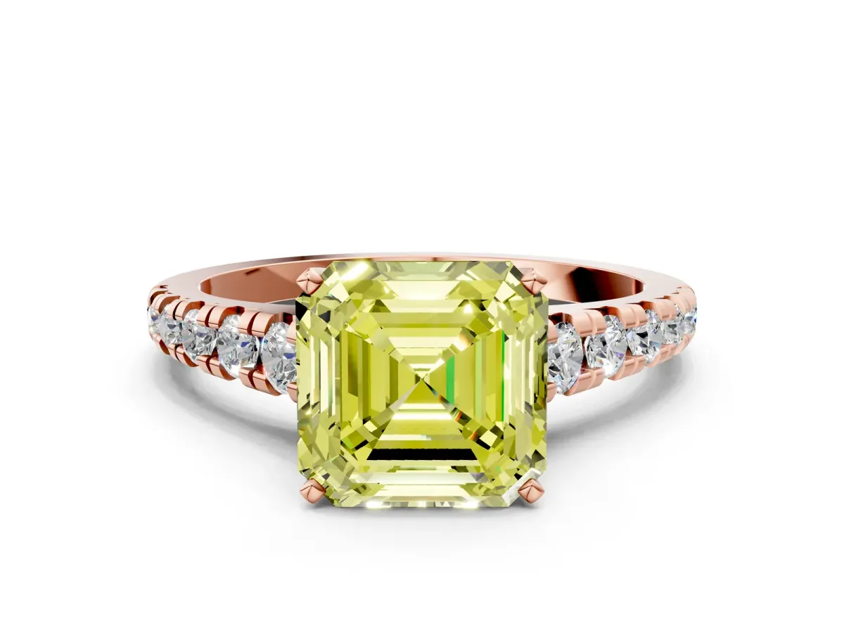 Fancy Yellow Asscher Cut Diamond Cathedral Solitaire Ring with Round Pavé Band Rose gold