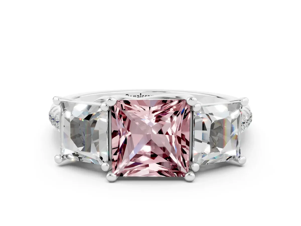 Three-Stone Princess Cut Morganite Ring with Round Pavé Band and Prong Setting Silver