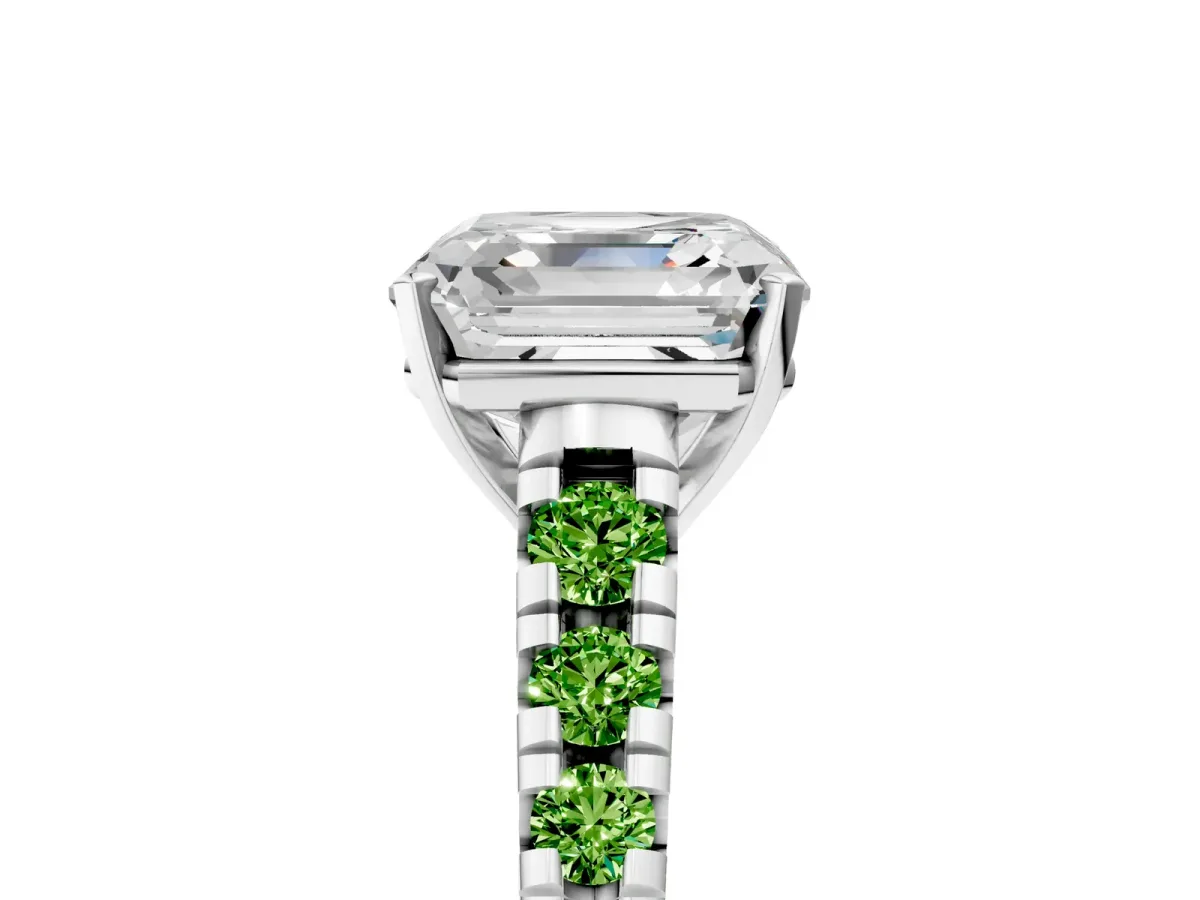 Asscher Cut Diamond Cathedral Solitaire Ring with Round Peridot Pavé Band Platinum