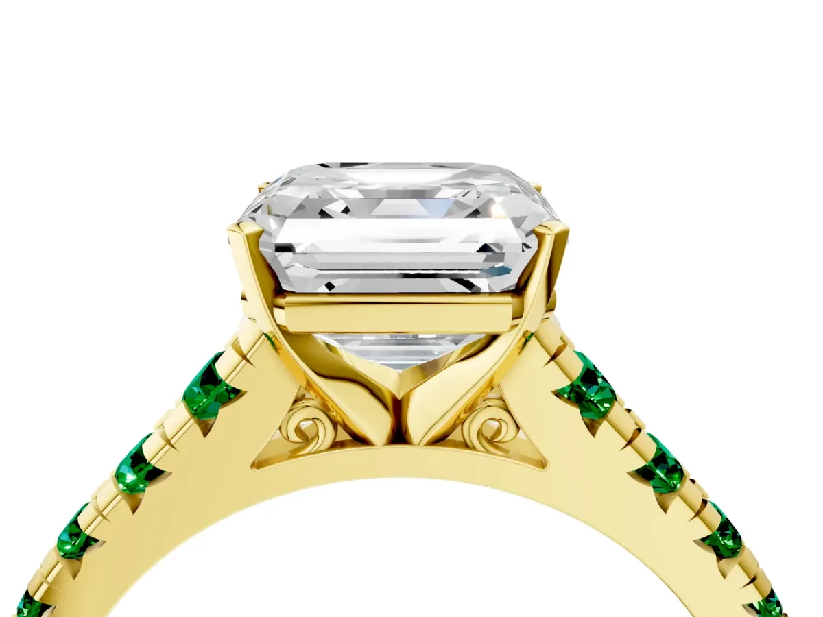 Asscher Cut Diamond Cathedral Solitaire Ring with Round Emerald Pavé Band Yellow gold
