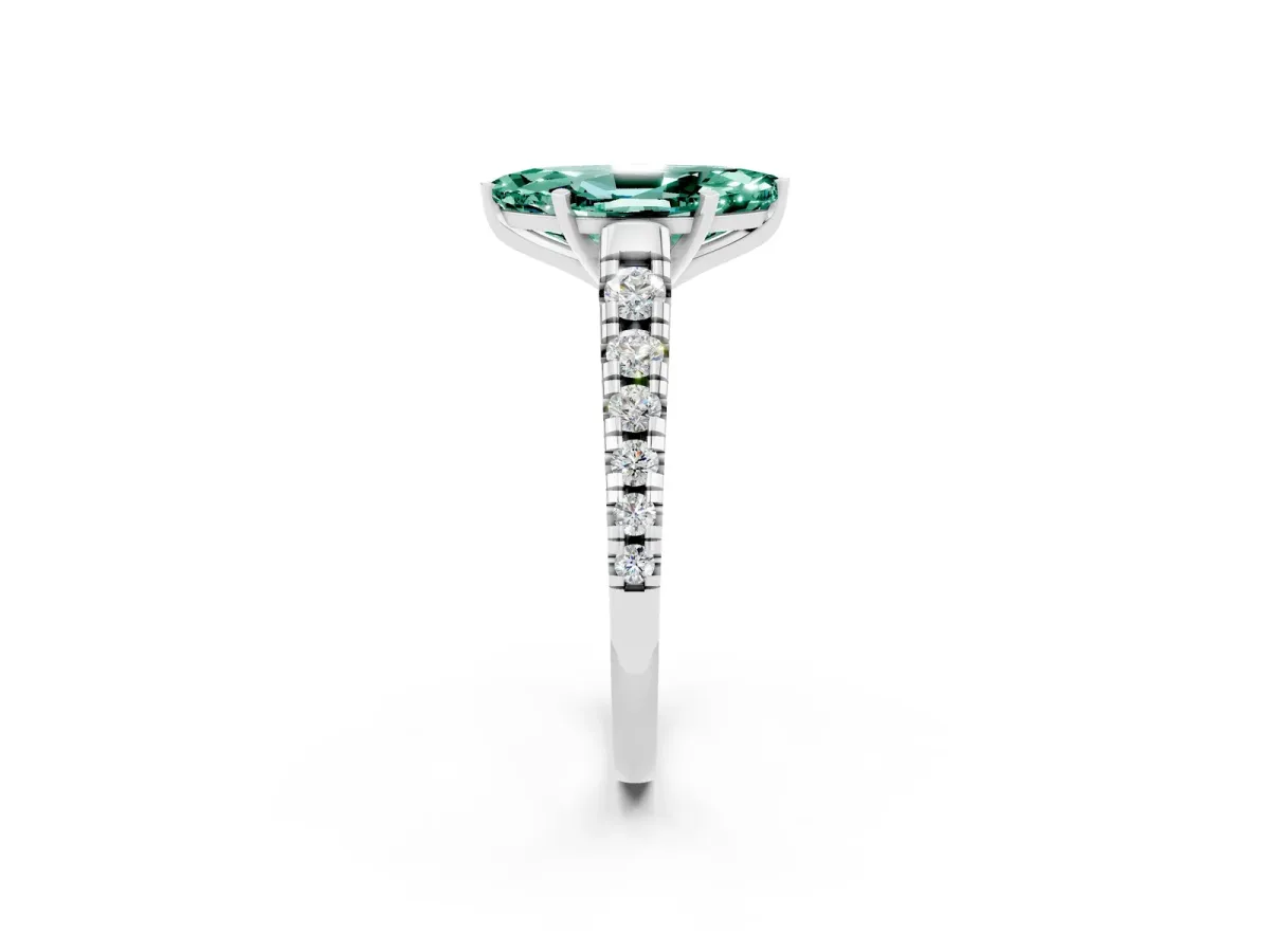 Marquise Cut Green Sapphire Cathedral Solitaire Ring with Round Pavé Band Silver