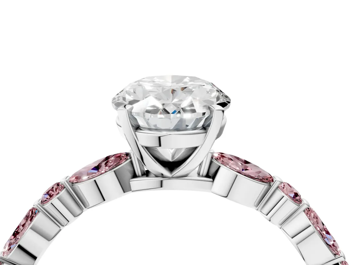 Oval Cut Diamond Ring with Marquise and Round Morganite Side Stones and Four-Prong Setting Silver