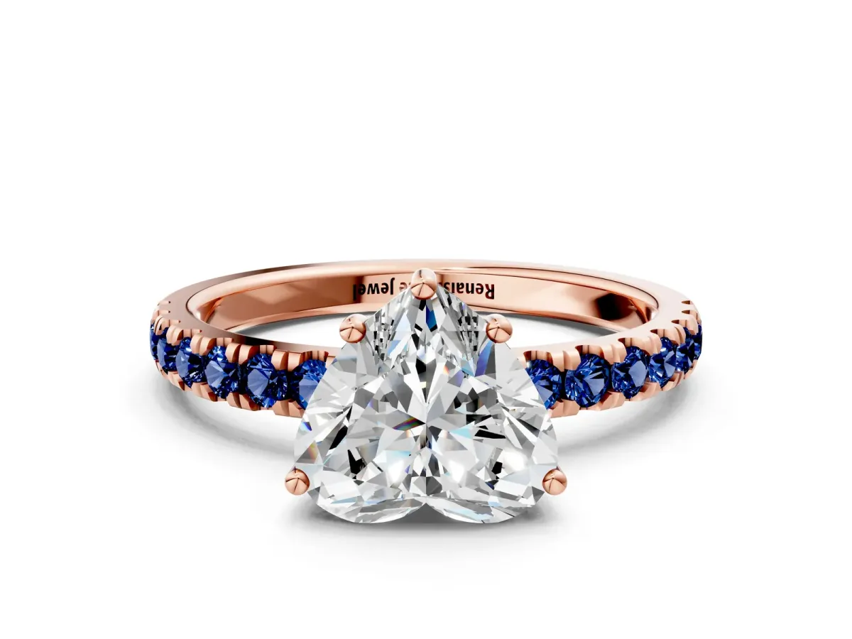 Heart Cut Diamond Pave Band Solitaire Ring with Round Blue Sapphire and Prong Setting Rose gold