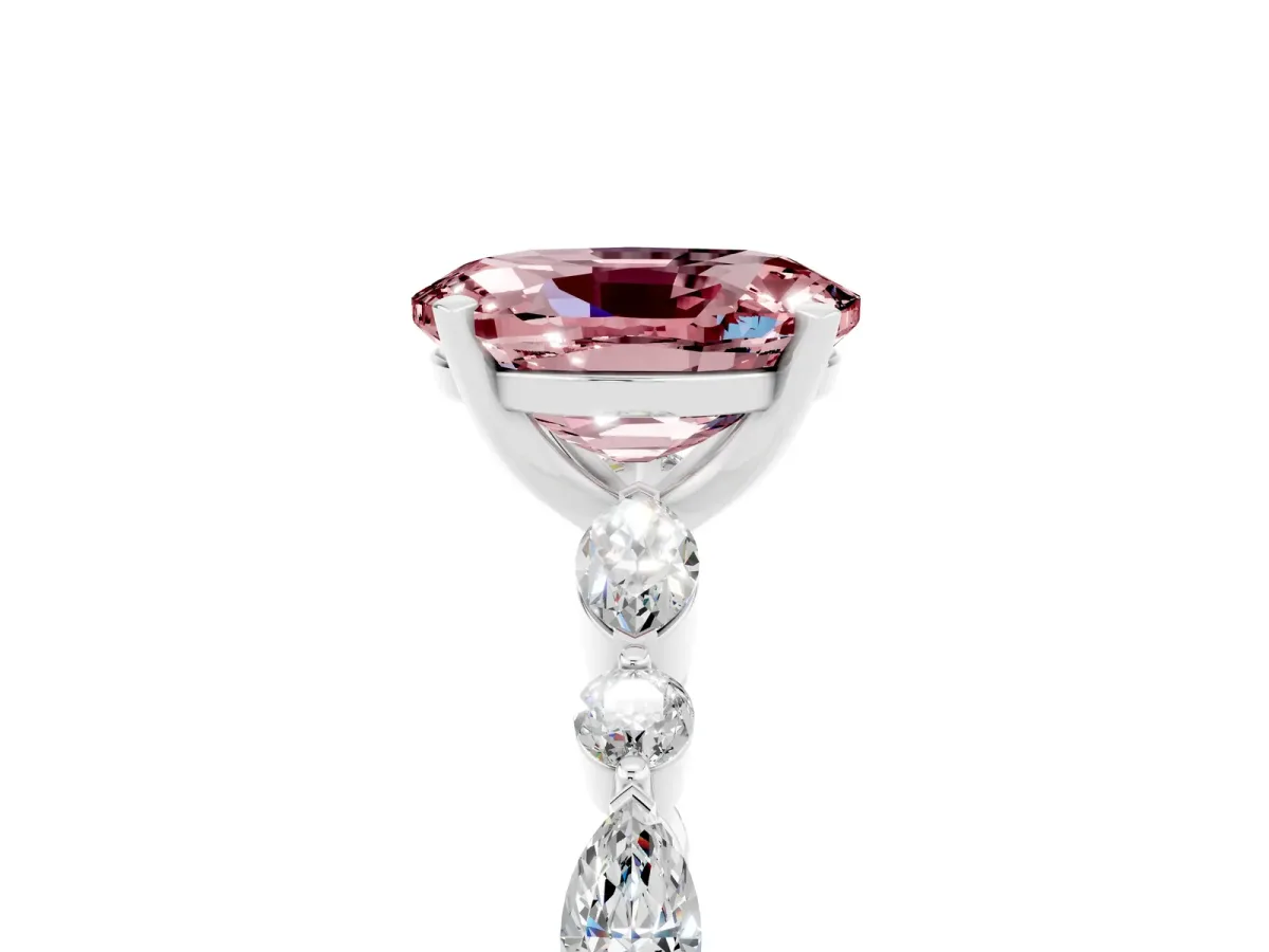 Oval Cut Morganite Ring with Marquise and Round Side Stones and Four-Prong Setting Silver