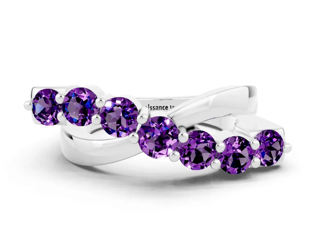 Round Amethyst Prong-Set Crossover Band Silver