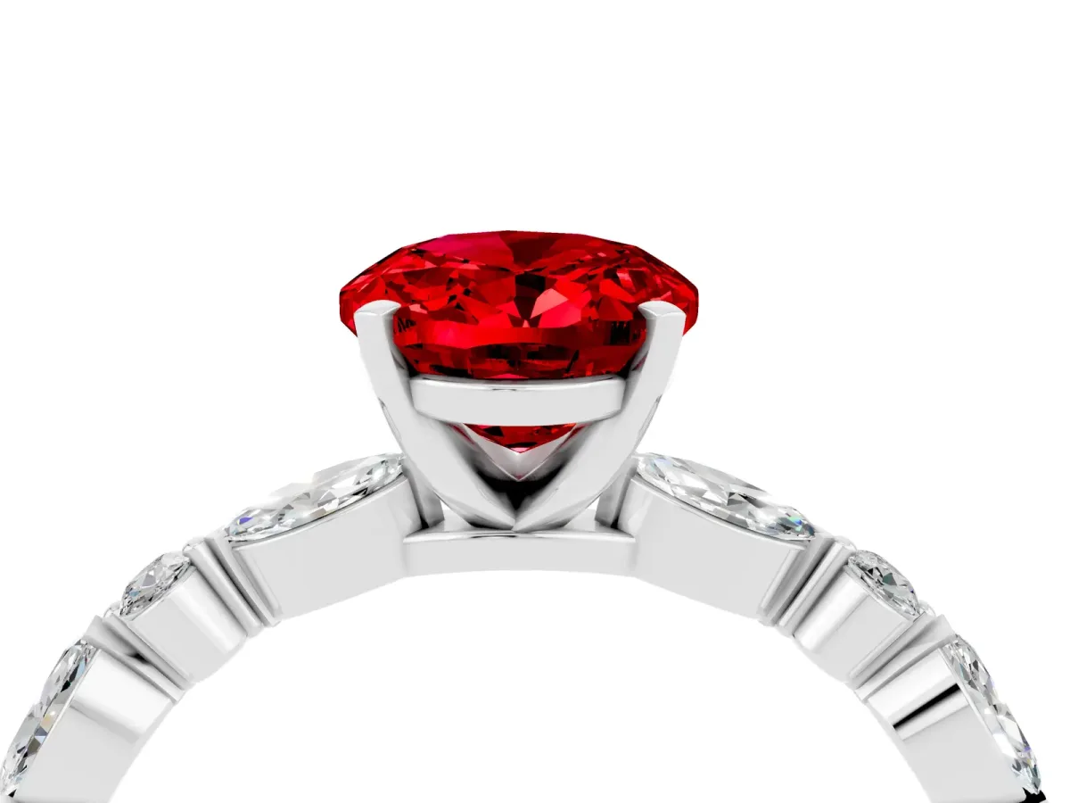 Oval Cut Ruby Ring with Marquise and Round Side Stones and Four-Prong Setting Silver