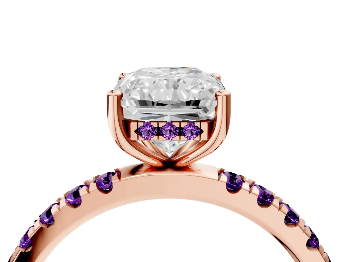 Radiant Cut Diamond Pave Band Solitaire Ring with Round Amethyst and Prong Setting Rose gold