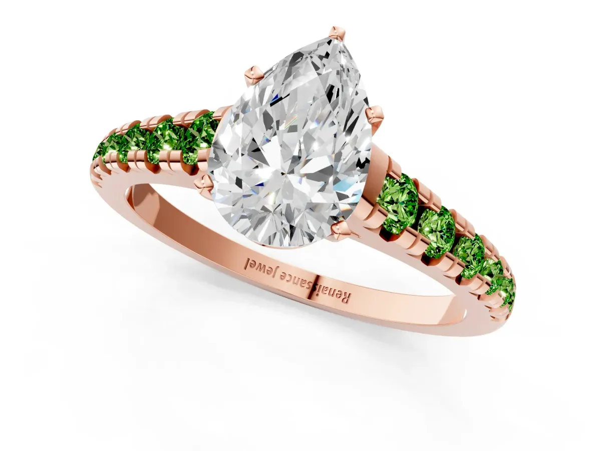 Pear Cut Diamond Cathedral Solitaire Ring with Round Peridot Pavé Band Rose gold