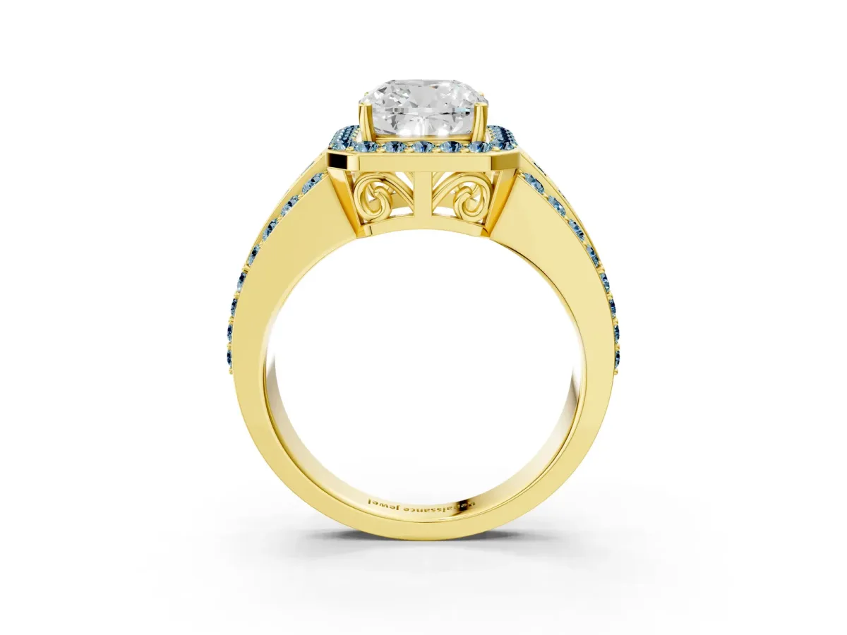 Cushion Cut Halo Diamond Ring with Round Aquamarine Split Shank and Prong Setting Yellow gold