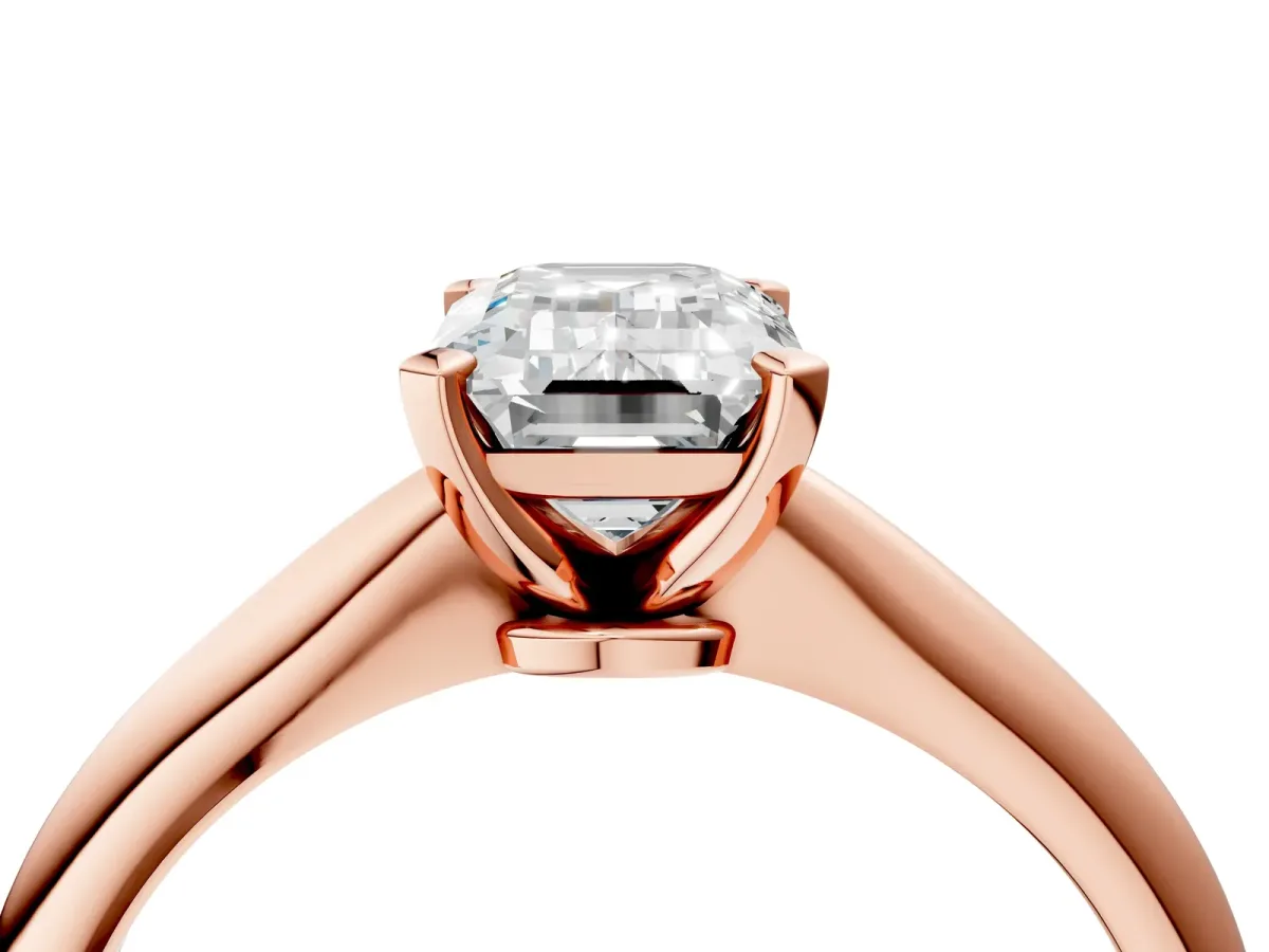 Emerald Cut Diamond Solitaire Engagement Ring with Classic Band and Four-Prong Setting Rose gold