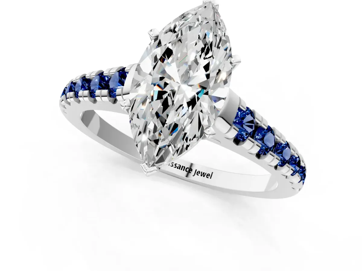 Marquise Cut Diamond Cathedral Solitaire Ring with Round Blue Sapphire Pavé Band Platinum
