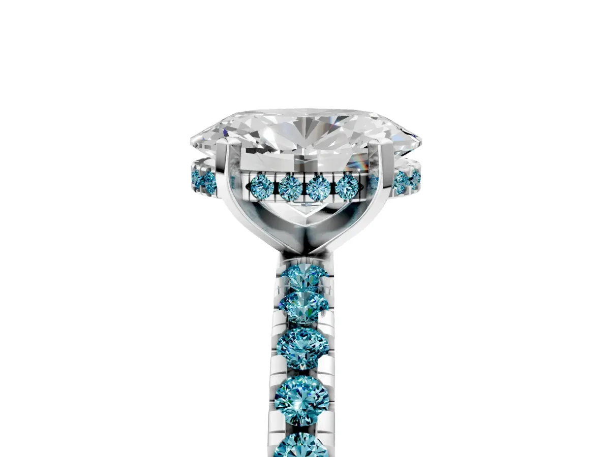 Oval Cut Diamond Solitaire Ring with Round Blue Topaz Pavé Band and Four-Prong Setting Platinum