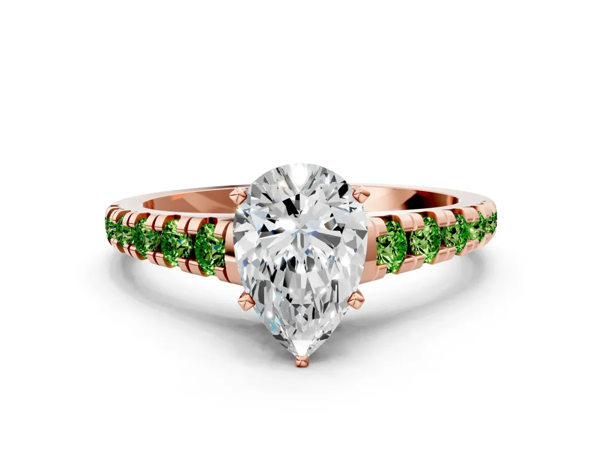 Pear Cut Diamond Cathedral Solitaire Ring with Round Peridot Pavé Band Rose gold