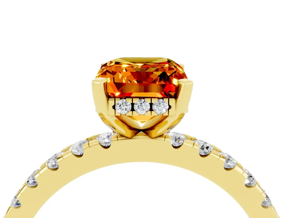 Emerald Cut Citrine Solitaire Ring with Round Pavé Band and Four-Prong Setting Yellow gold