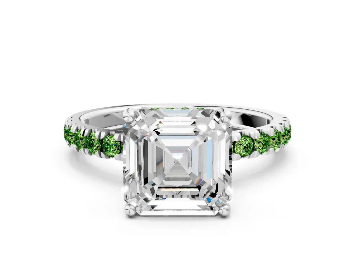 Asscher Cut Diamond Pave Band Solitaire Ring with Round Peridot and Prong Setting White gold