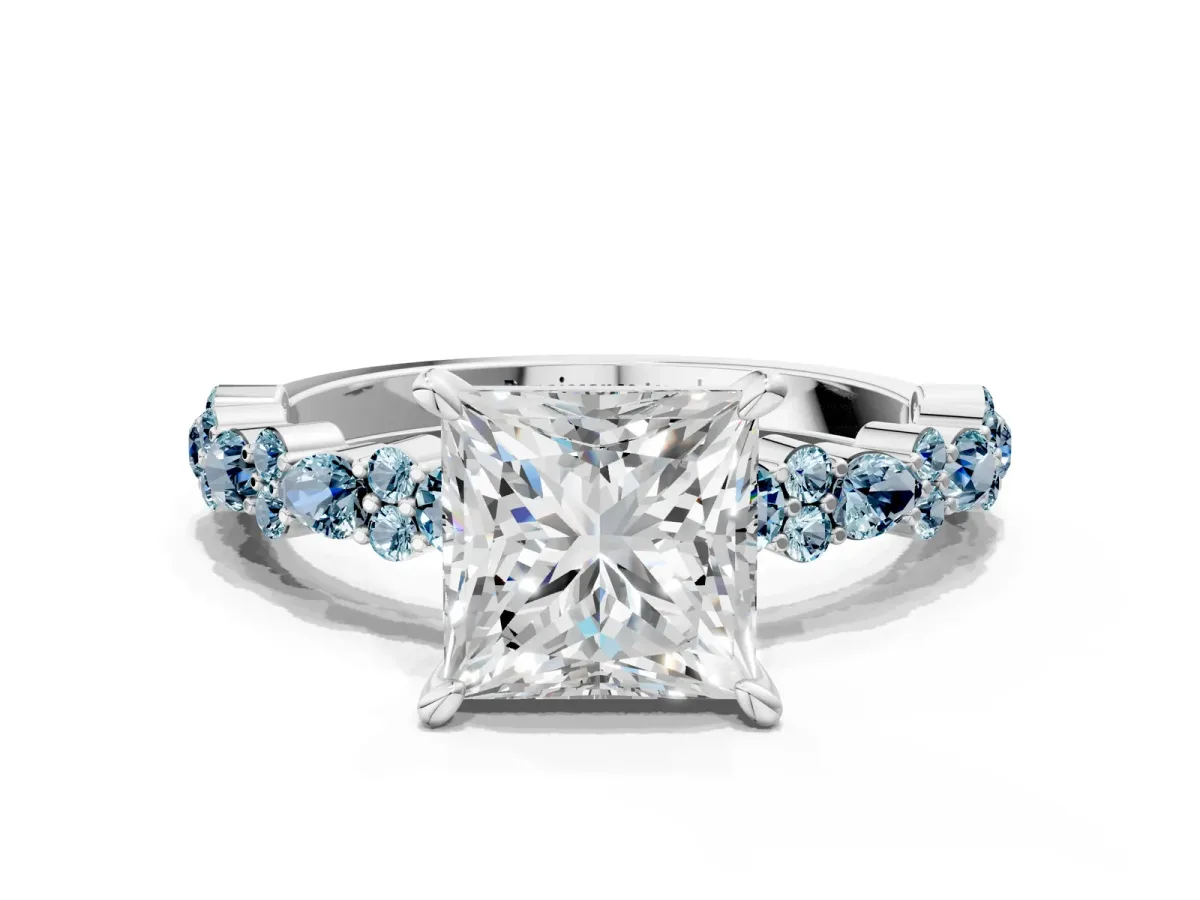 Princess Cut Diamond Side Stone Solitaire Ring with Round Aquamarine and Four-Prong Setting Platinum