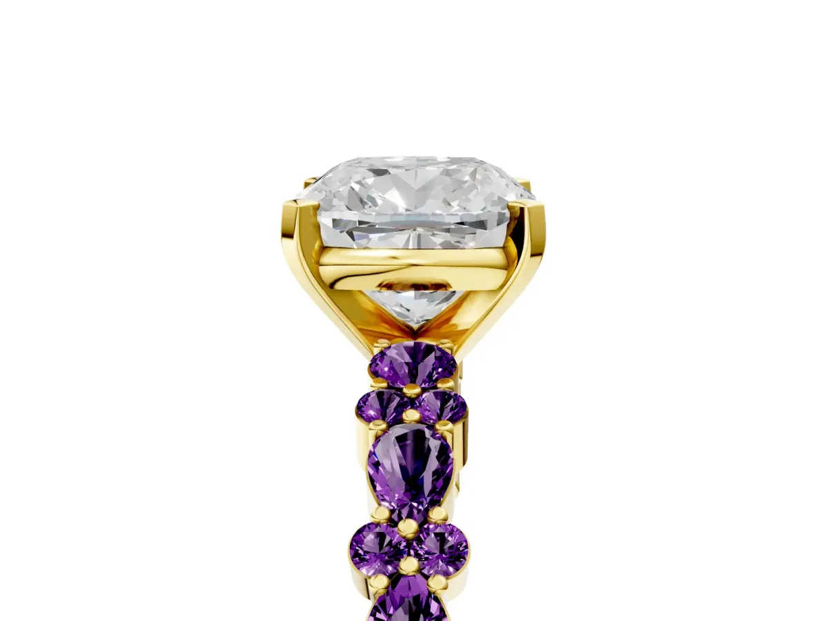Cushion Cut Diamond Side Stone Solitaire Ring with Round Amethyst and Four-Prong Setting Yellow gold