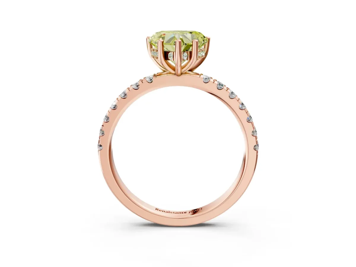 Fancy Yellow Heart Cut Diamond Pave Band Solitaire Ring with Round and Prong Setting Rose gold