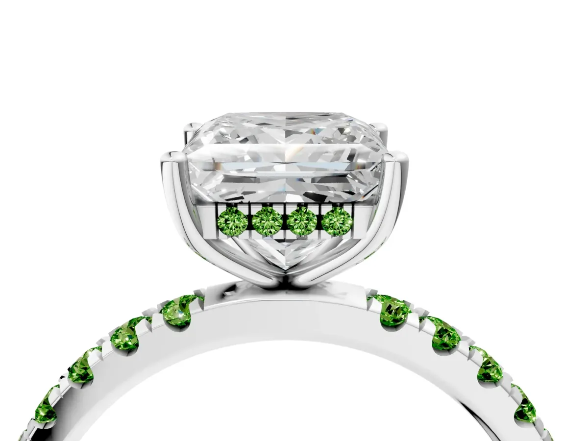 Princess Cut Diamond Pave Band Solitaire Ring with Round Peridot and Prong Setting Silver