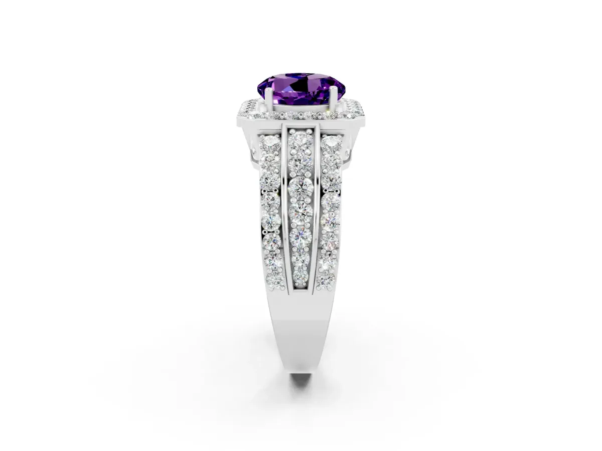 Round Cut Halo Amethyst Ring with Round Split Shank and Prong Setting White gold